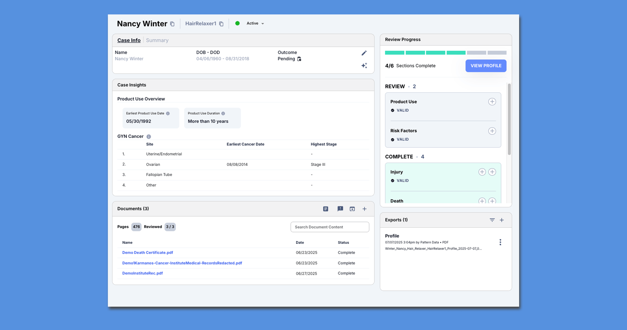 Analyze Hair Relaxer claimant profiles
