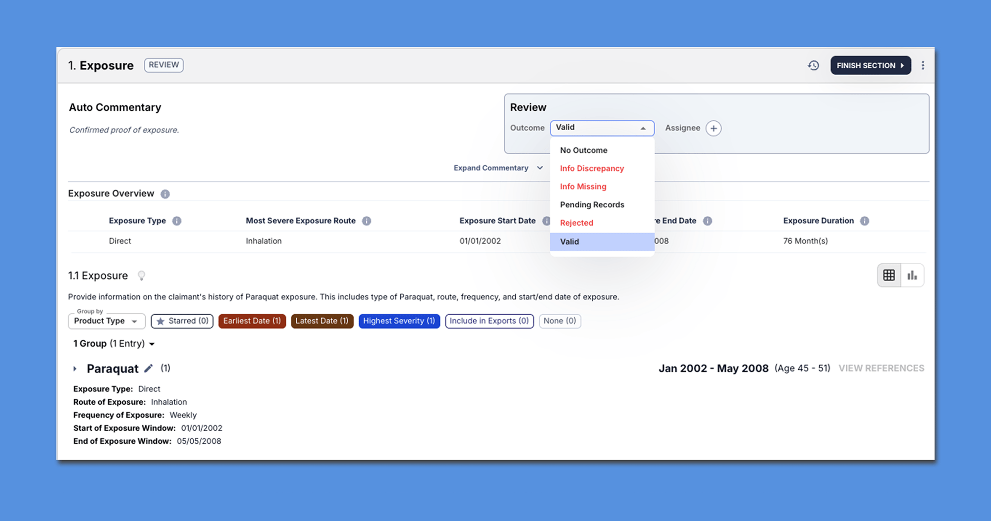 Validate exposure information quickly