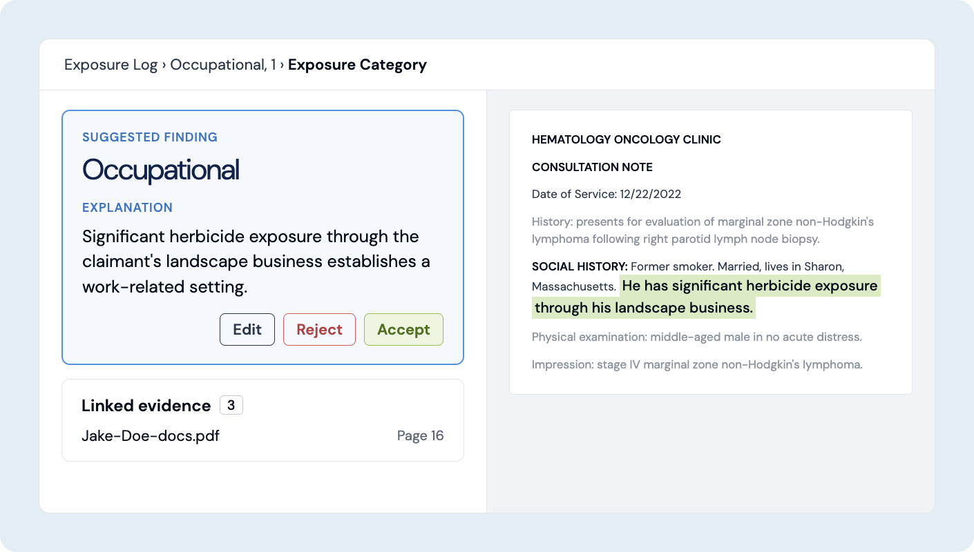 Pattern review panel showing a suggested finding beside the highlighted source record